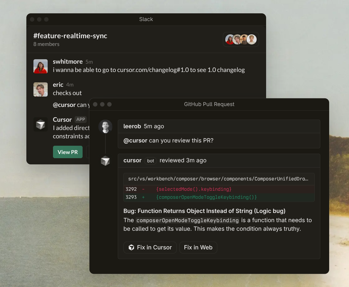 Cursor reviewing GitHub PRs, and collaborating in Slack
